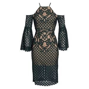 Emerald Dream ✨ Bardot Lace Illusion Dress with Drama Sleeves (S/6)